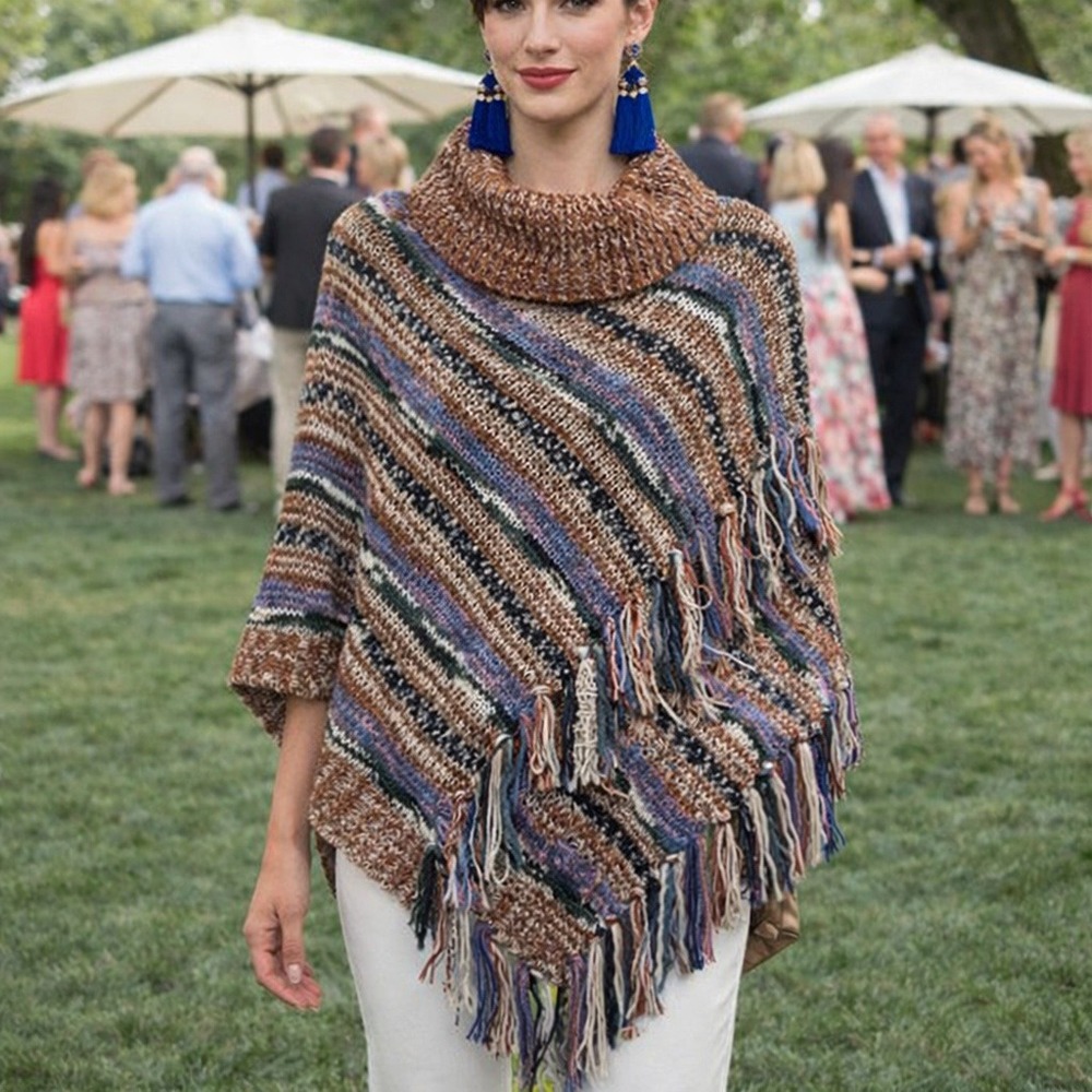 Boho Fringe Knit Poncho Brown Multicolor Cowl Neck S/M Cozy Layering